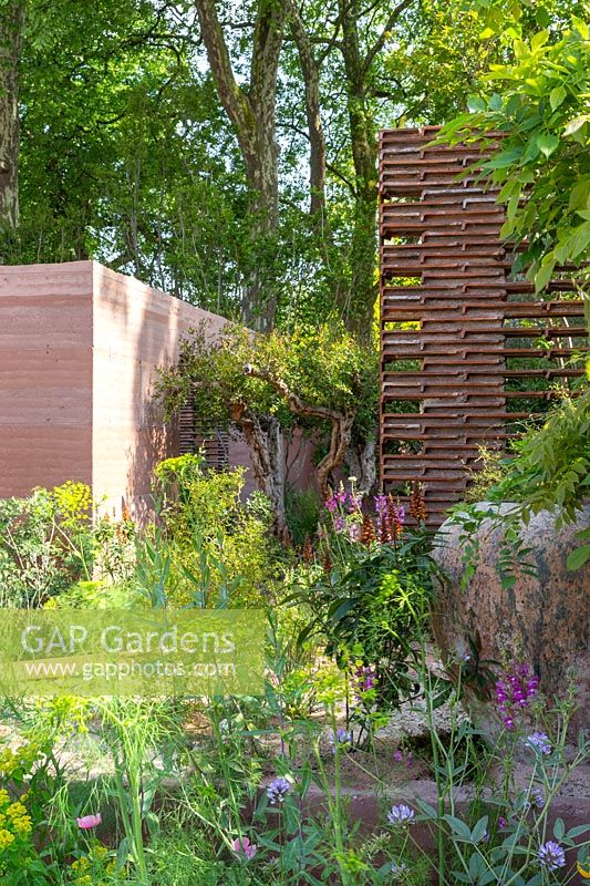 Textured, rammed earth walls and mixed planting - The M and G Garden, Sponsor: M and G Investments, RHS Chelsea Flower Show, 2018.