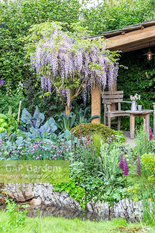 Welcome to Yorkshire Garden - Streamside cottage garden with mixed vegetables and flowers, Wisteria sinensis - Sponsor: Welcome to Yorkshire - RHS Chelsea Flower Show 2018