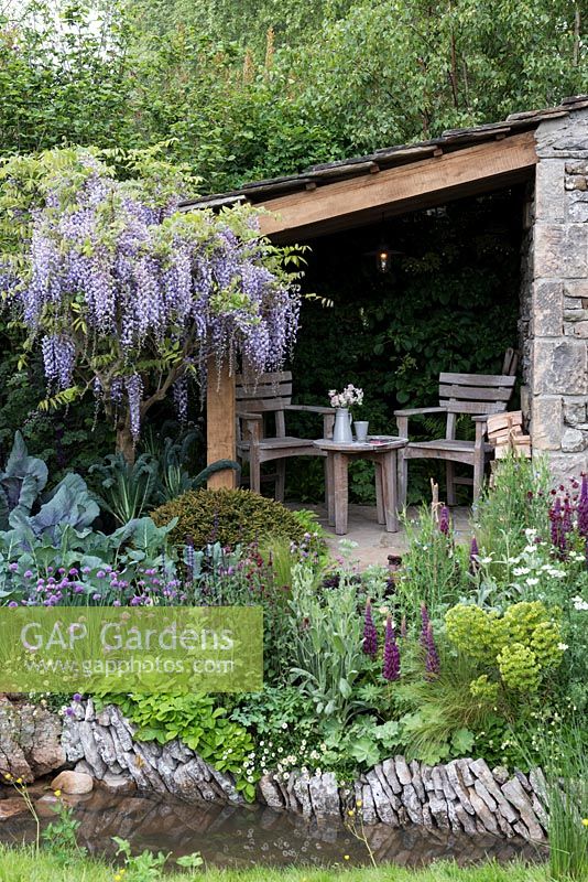 Welcome to Yorkshire Garden - Streamside cottage garden with mixed vegetables and flowers, Wisteria sinensis - Sponsor: Welcome to Yorkshire - RHS Chelsea Flower Show 2018