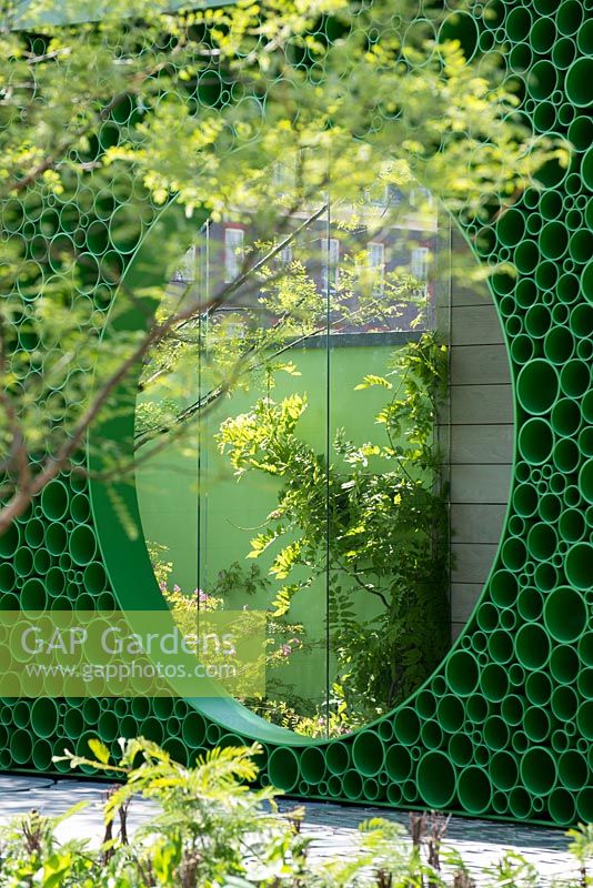 View of the 'Peavilion' made from aluminium tubing -The Seedlip Garden, Sponsor: Seedlip, RHS Chelsea Flower Show, 2018.
