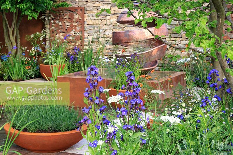 The Silent Pool Gin Garden - Terracotta planters, water feature, and 'Citrus Peel' copper sculpture by Giles Rayner - Anchusa azurea 'Dropmore' and Hornbeam - Carpinus betulus - Sponsor: Silent Pool Distillers - RHS Chelsea Flower Show 2018