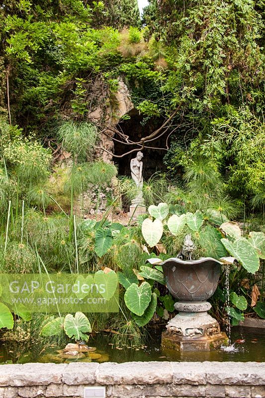 Water feature and statue in La Mortola: Hanbury Botanic Garden, Ventimiglia, Italy. 