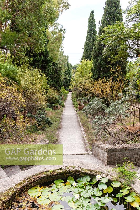 Small pool and steps in La Mortola: Hanbury Botanic Garden, Ventimiglia, Italy. 