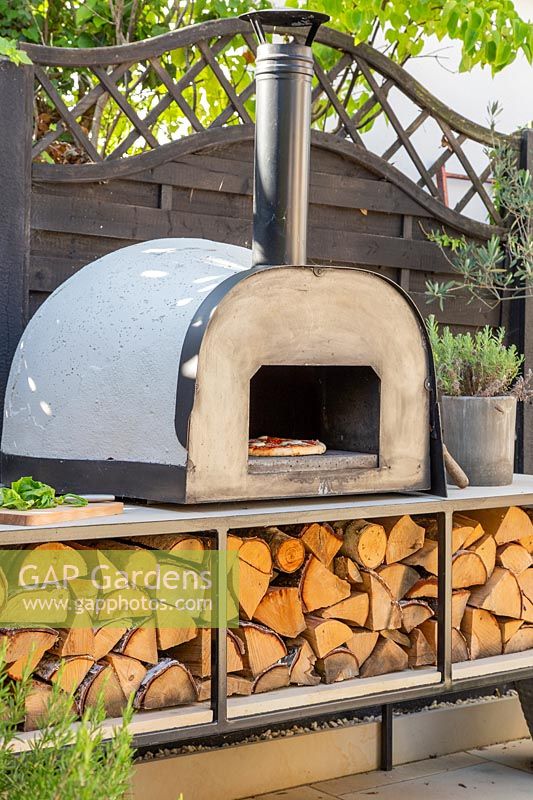 View of outdoor pizza oven.