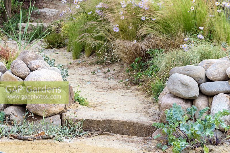Coastal path  with stone wall. 'Rias de Galicia: A Garden at the End of the Earth', RHS Hampton Flower Show, 2018
