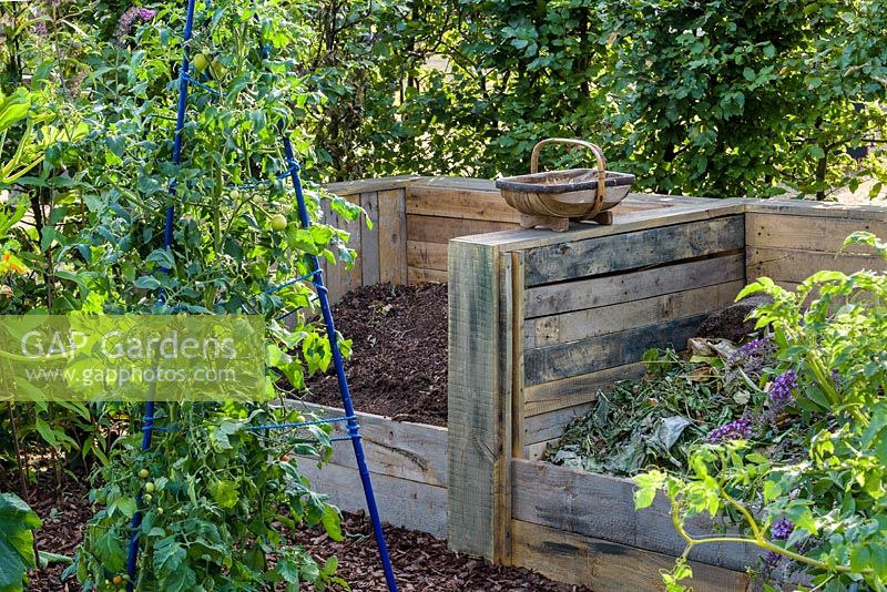 Compost bins and cherry tomato bush. 'RHS Grow Your Own with The Raymond Blanc Gardening School', RHS Hampton Flower Show, 2018
