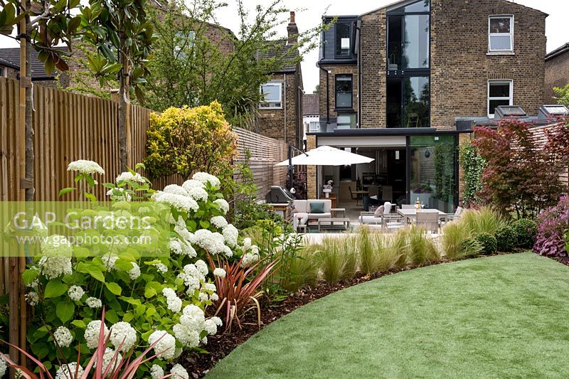 Looking towards house in garden with artificial lawn, including curved borders Contemporary garden in Dulwich 