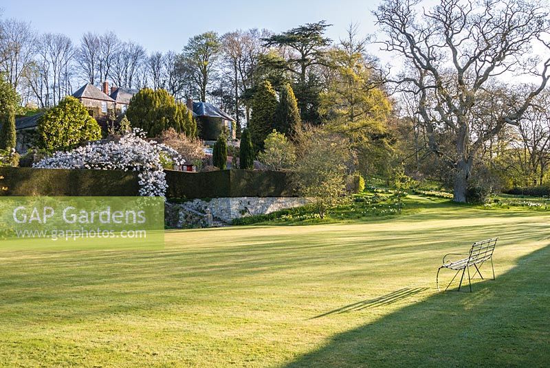 View across formal lawn to terraced garden beyond
