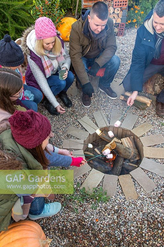 Group of people toasting marshmallows on fire in firepit.