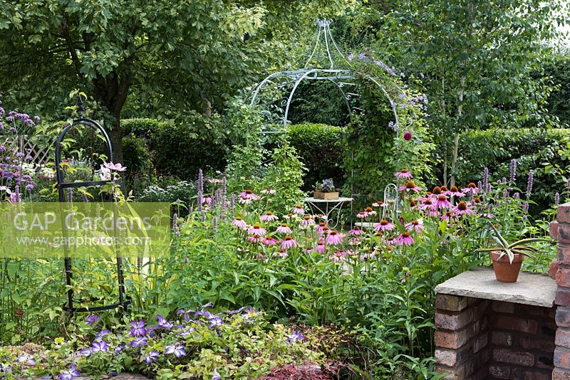 View across flower border including Echinacea - coneflowers - and Agastache to an ornate
 arbour clothed in clematis
