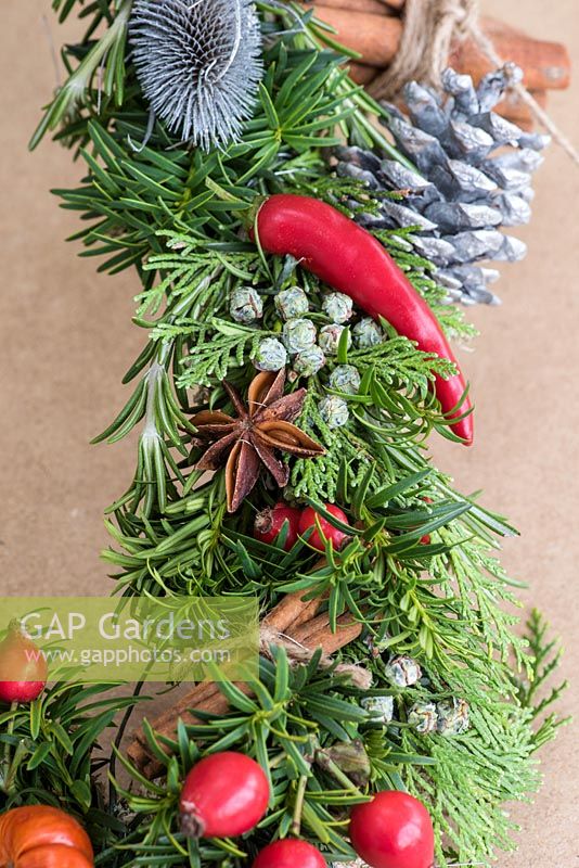 Star anise with conifer, yew and rosemary, red chillies and rose hips.