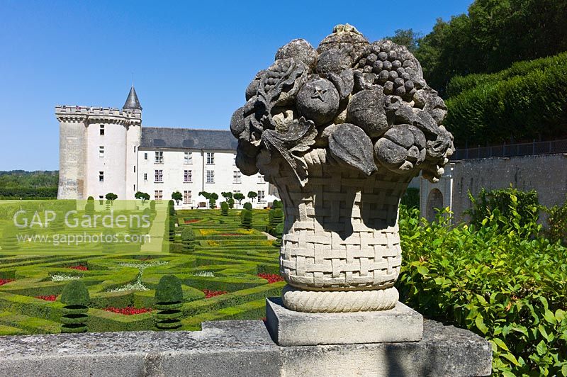 Stone fruit bowl overlooking Ornamental Garden at Chateau de Villandry, Loire Valley, France