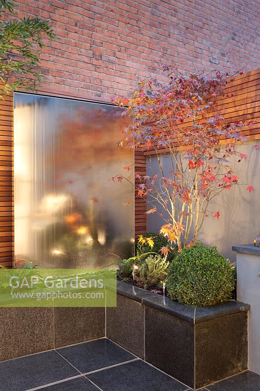 Steel water wall with Acer and outside lighting, London