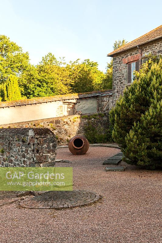 Evergreen Pinus and terracotta pot in a courtyard garden, Plaz Metaxu Garden, Devon, UK.