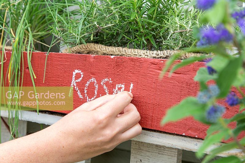 Writing name of herbs on  pallet planter with chalk.