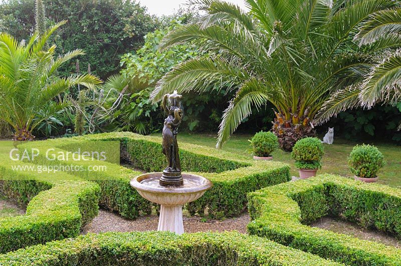 Box parterre with cental water feature, date palms  a wall of figs and clipped box spheres.