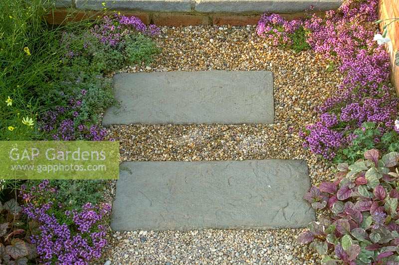 Thyme edged paving and gravel path.  A Gift For Life Saga garden. Hampton Court Flower Show, 2003, London, UK. 