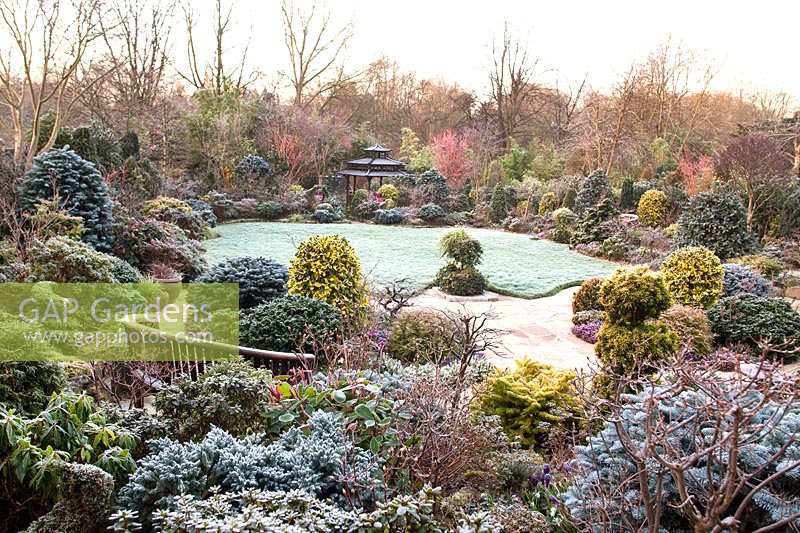 Japanese Tea House-style gazebo in frosted garden, with oriental statuary and shrubs and trees. The Four Seasons Garden, UK.
