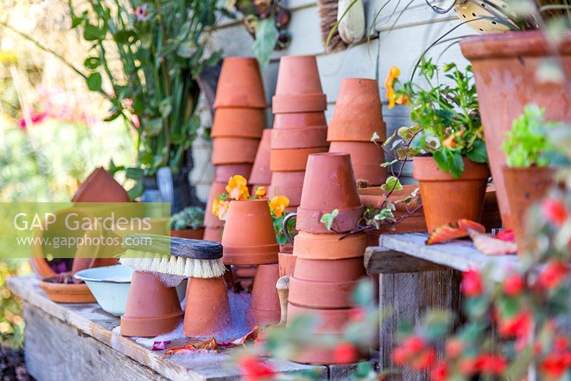 Washed terracotta pots stacked on wooden table to dry.