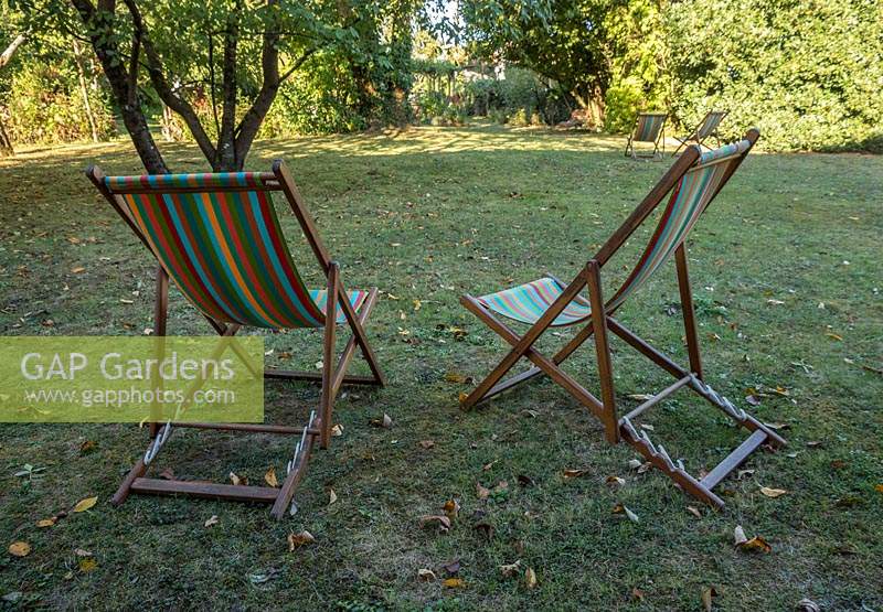 A pair of deck chairs on lawn with fallen leaves 