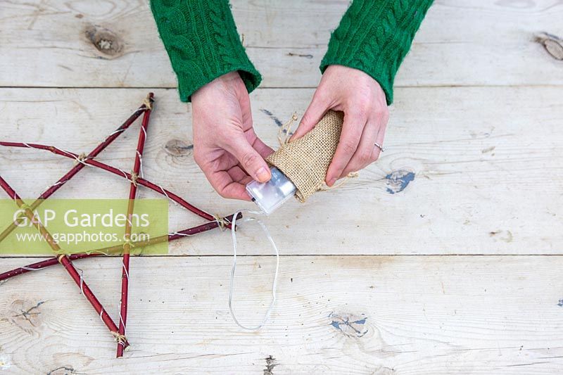 Disguising LED fairylights battery pack in jute drawstring bag