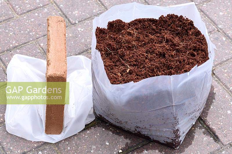 Compressed coconut fibre compost - Compressed in packet and after adding water.