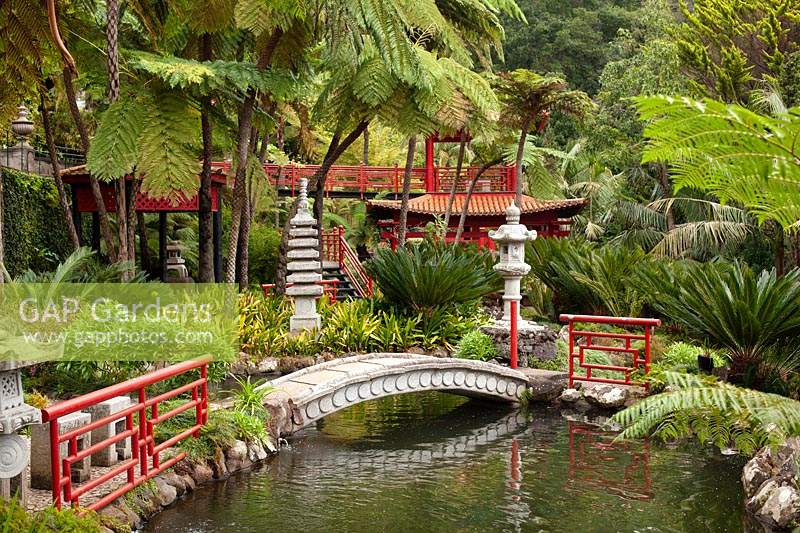 Bridge over the series of ponds in the Southern Oriental garden in Monte Palace Tropical Garden