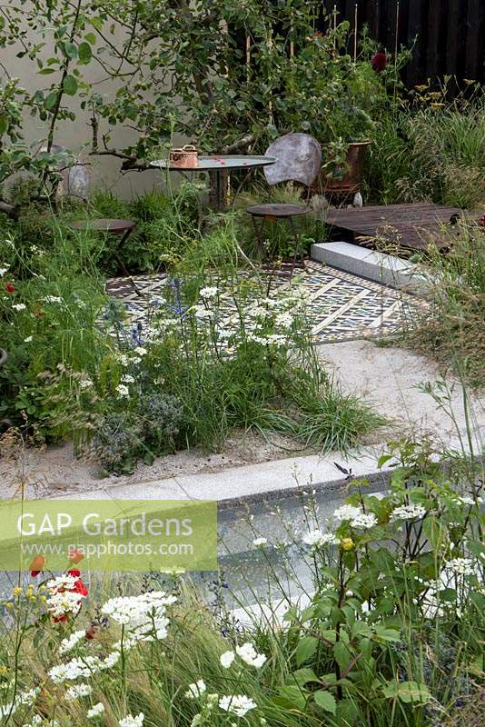 The Style and Design Garden, designed by Ula Maria, sponsored by London Mosaic CED Garden Brocante Online, RHS Hampton Court Palace Garden Show, 2018.