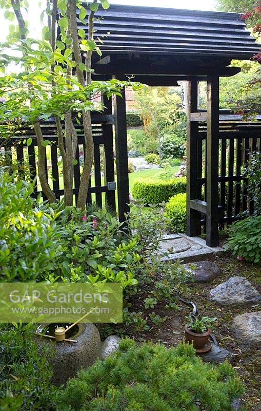 Stepping stone path to gate in Japanese themed garden