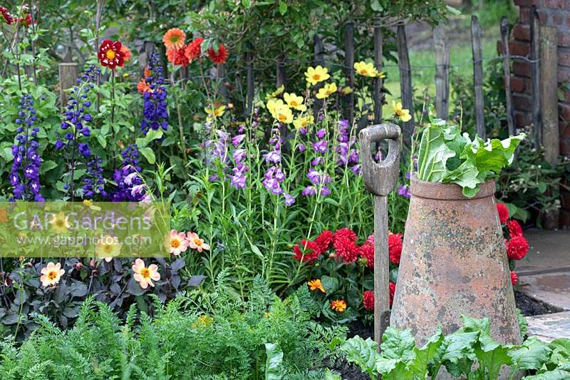 Heritage and heirloom vegetables and cottage garden plants in 'The Watchmakers' Garden' at BBC Gardeners World Live 2019