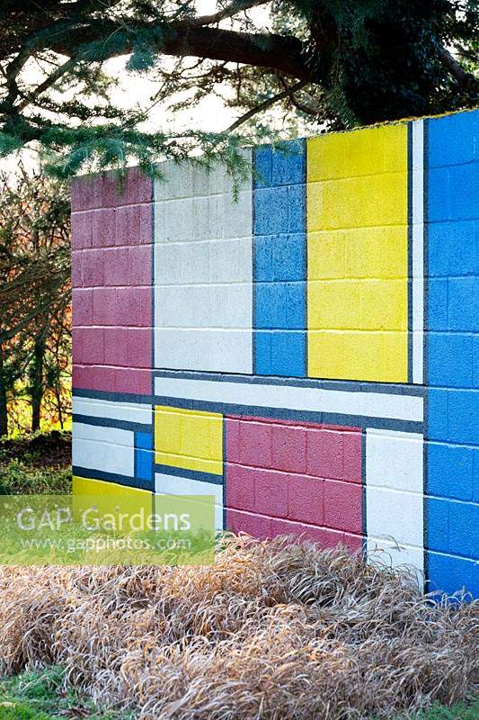 The Mondrian inspired wall at Stevington Manor Gardens, Stevington, UK.
