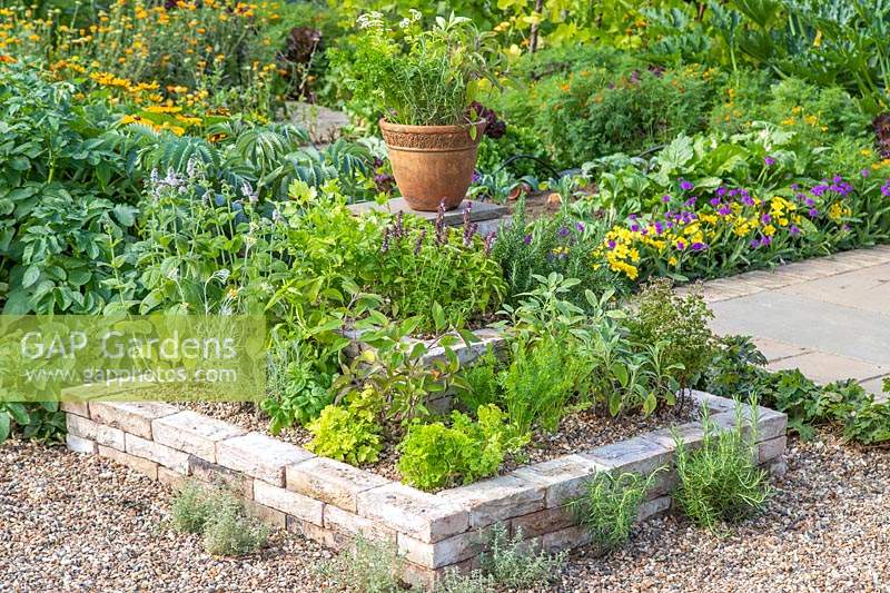 Finished tiered brick herb garden.