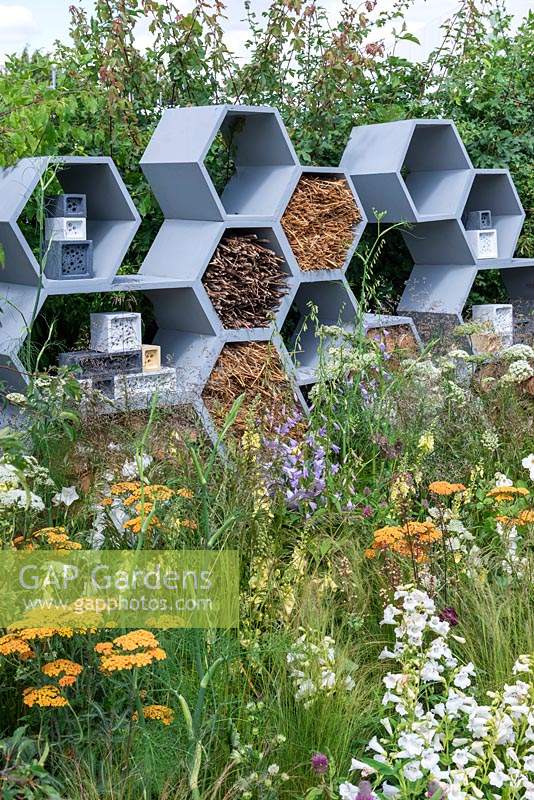 A wall made from honeycomb shapes containing twigs to encourage solitary bees, surrounded by nectar-rich flowers. The Urban Pollinator Garden, Designed by Caitlin McLaughlin. RHS Hampton Court Palace Garden Festival, 2019. 
