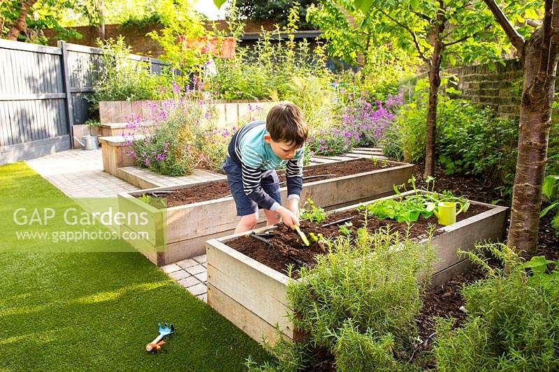 A child planting herbs in the raised bed.