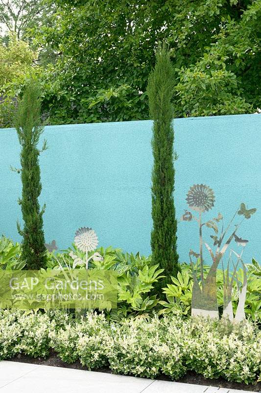 RVS ornaments of flowers and Fatsia japonica and Cupressus planted in border in front of aqua coloured wall.
