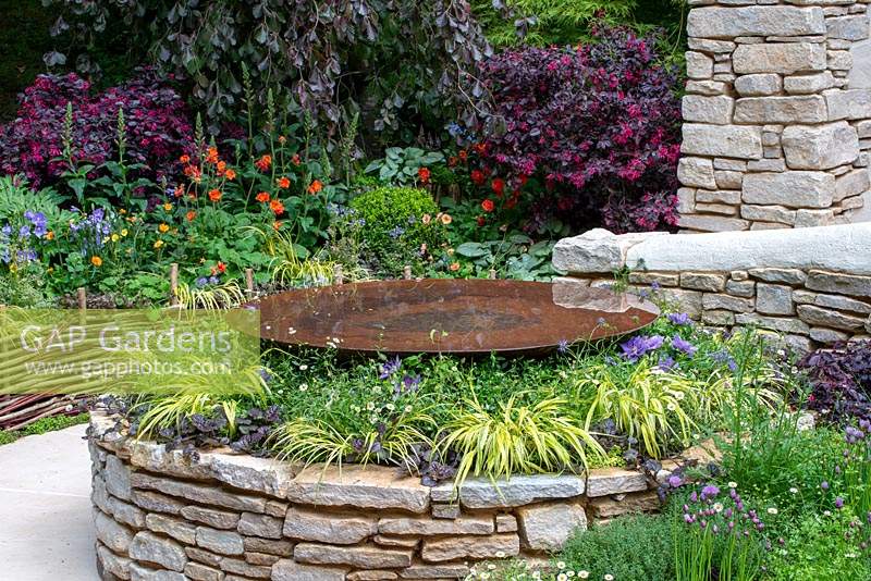 Dry stone wall raised bed with circular pool, underplanted with Carex, Erigeron karvinskianus and Ajuga reptans, Geum in background -  Miles Stone: The Kingston Maurward Garden, RHS Chelsea Flower Show 2019