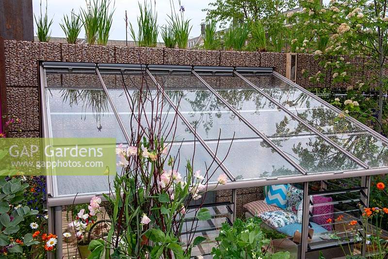 Sunken lean-to greenhouse next to a gabion wall - The Montessori Centenary Children's Garden, RHS Chelsea Flower Show 2019