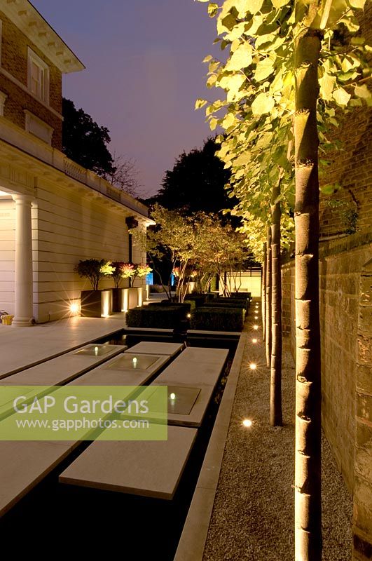 Row of standard trees, paving and water, lit up with spotlights in contemporary, city garden. 