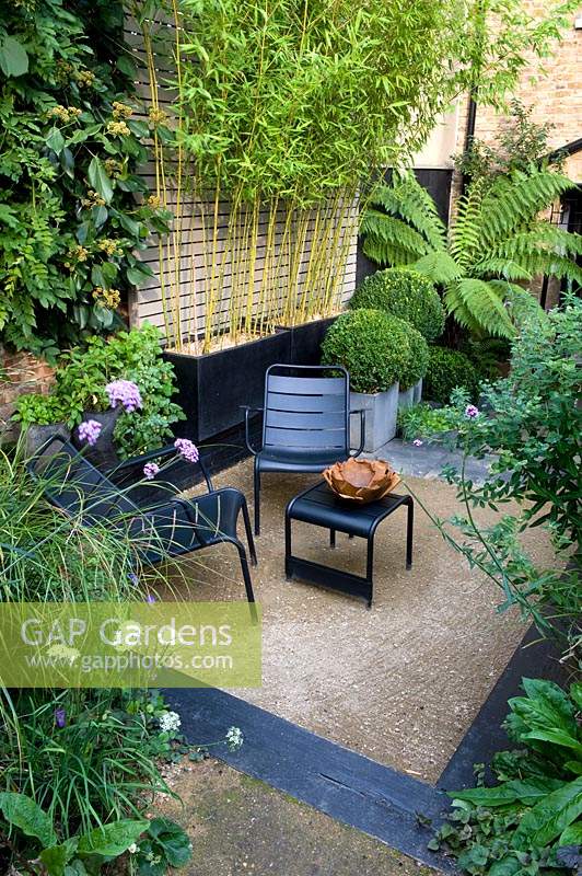 Private seating area in sheltered modern garden