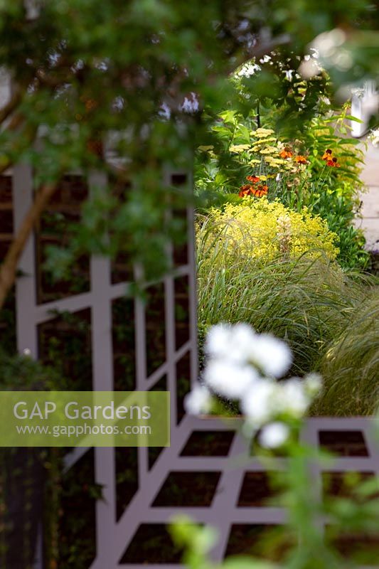 Soft focus view looking towards garden mirror with perspective effect trellis frame, flower bed reflected back 