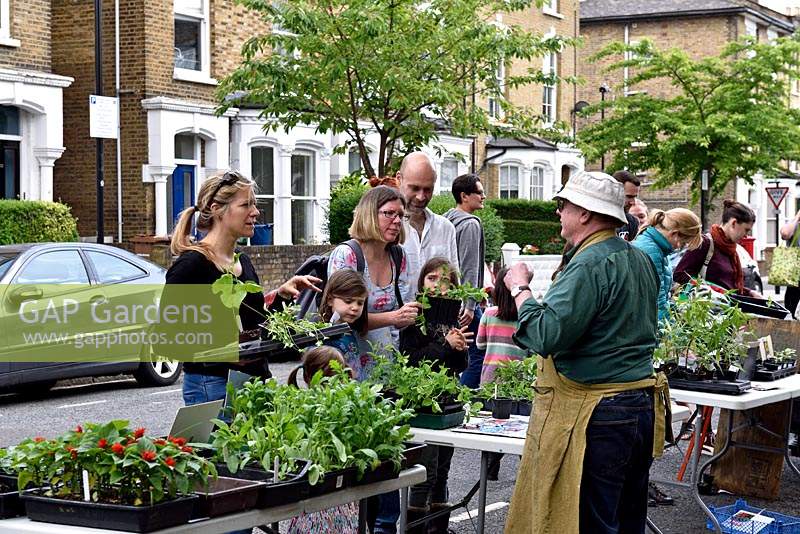 People buying plants from community plant stall in urban street. Wilberforce Road Gardeners plant sale, London Borough of Hackney.