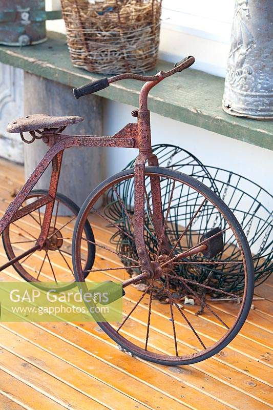 Detail of an old rusty children's tricycle on a timber verandah in front of a timber shelf with a collection of pots and wire baskets.