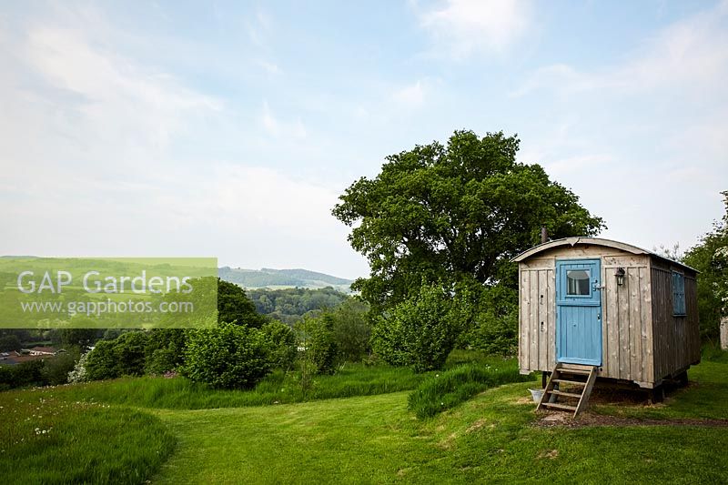 View to countryside with shepherds hut at Wild Meadows.