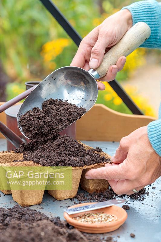 Woman adding compost to biodegradable pots using a metal scoop.