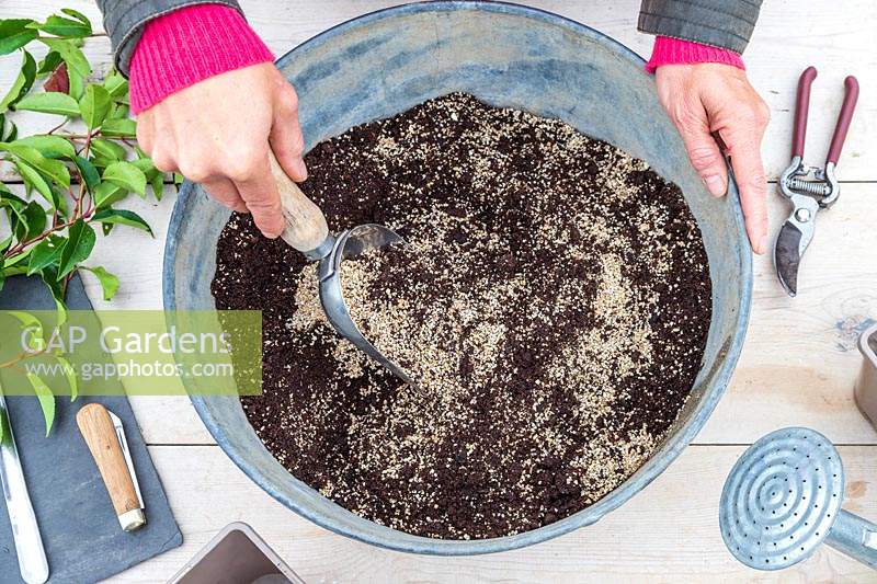 Woman using a metal scoop to mix compost ready for cuttings.