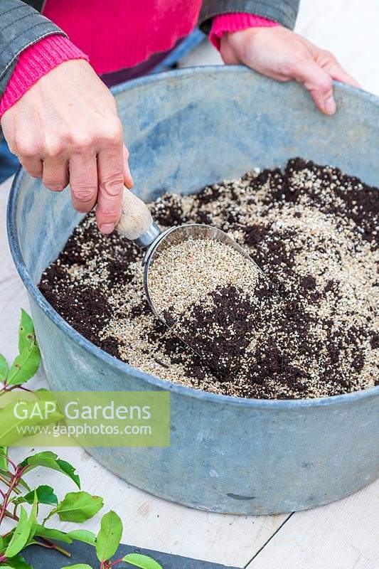 Woman using a metal scoop to mix compost ready for cuttings.