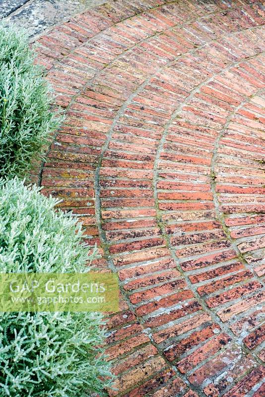Radial brick paving in formal herb garden