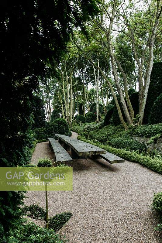 View from under yew arch in Jardin d'Aval with table and benches by German sculptor Thomas RÃ¶sler surrounded by Muehlenbeckia complexa and Ilex aquifolium. Les Jardins d Etretat, Normandy, France