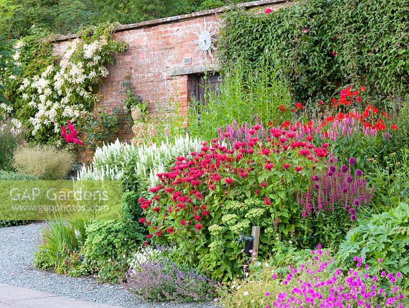 Walled garden, planting includes: Monardas, Geraniums, Nepeta, Crocosmia, Allium sphaerocephalon and Veronicas. Holehird Gardens, Windermere, Cumbria belongs to Lakeland Horticultural Society.