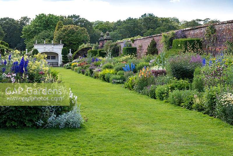 The 90-metre-long twin herbaceous borders at Arley Hall, with a Grade II listed Alcove at the westerly end.